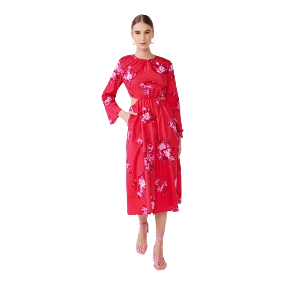 Red Floral Long Sleeve Midi Dress - Brand